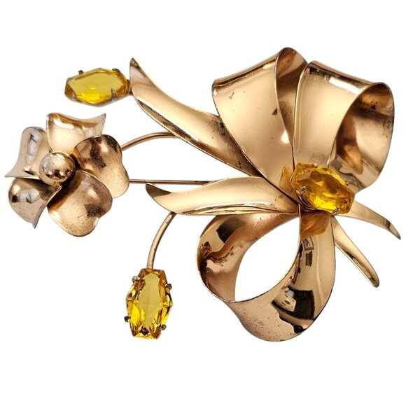 Sterling By Jordan Uranium Glass Rhinestone Flower Brooch Gold Vermeil Pin, L957 - Picture 4 of 11